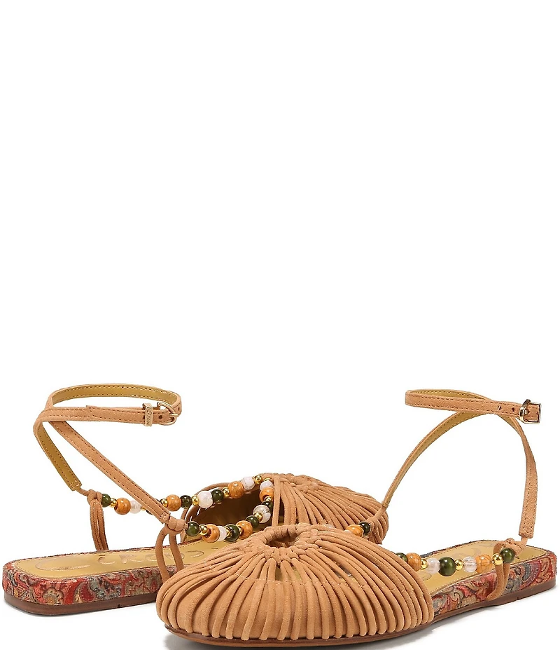 Circus NY by Sam Edelman Kassie Woven Suede Beaded Ankle Strap Flat Sandals