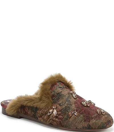 Circus NY by Sam Edelman Tillie Heirloom Print Jewel Ornamented Faux Fur Mules