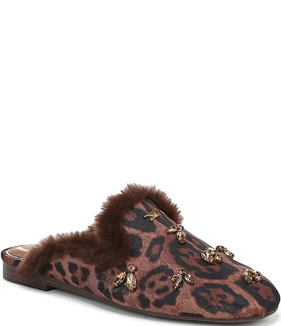 Circus NY by Sam Edelman Tillie Leopard Jewel Ornamented Faux Fur Trim Mules