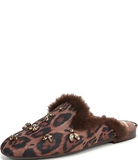 Circus NY by Sam Edelman Tillie Leopard Jewel Ornamented Faux Fur Trim Mules