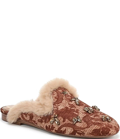 Circus NY by Sam Edelman Tillie Tapestry Jewel Ornamented Faux Fur Trim Mules