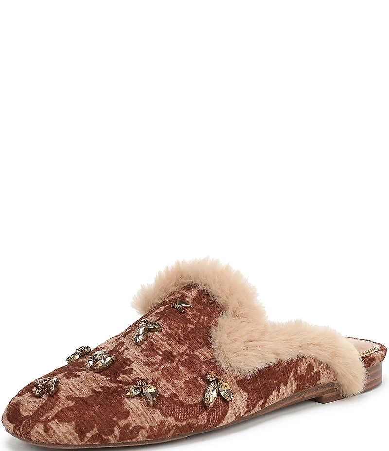 Circus NY by Sam Edelman Tillie Tapestry Jewel Ornamented Faux Fur Trim Mules