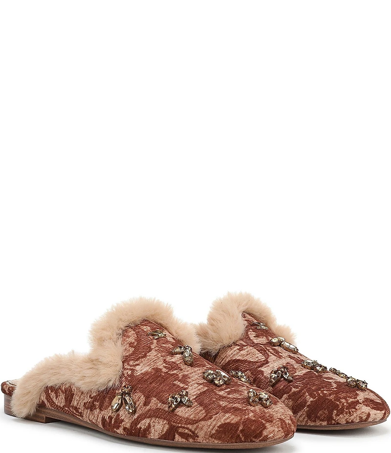 Circus NY by Sam Edelman Tillie Tapestry Jewel Ornamented Faux Fur Trim Mules