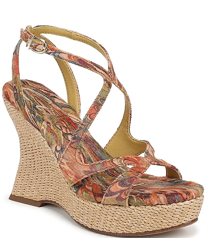 Circus NY by Sam Edelman Trina Peacock Print Tapestry Fabric Ankle Strap Platform Wedge Sandals
