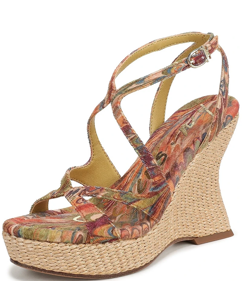 Circus NY by Sam Edelman Trina Peacock Print Tapestry Fabric Ankle Strap Platform Wedge Sandals