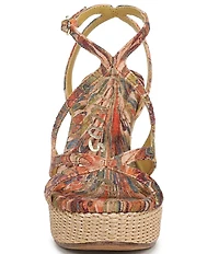 Circus NY by Sam Edelman Trina Peacock Print Tapestry Fabric Ankle Strap Platform Wedge Sandals