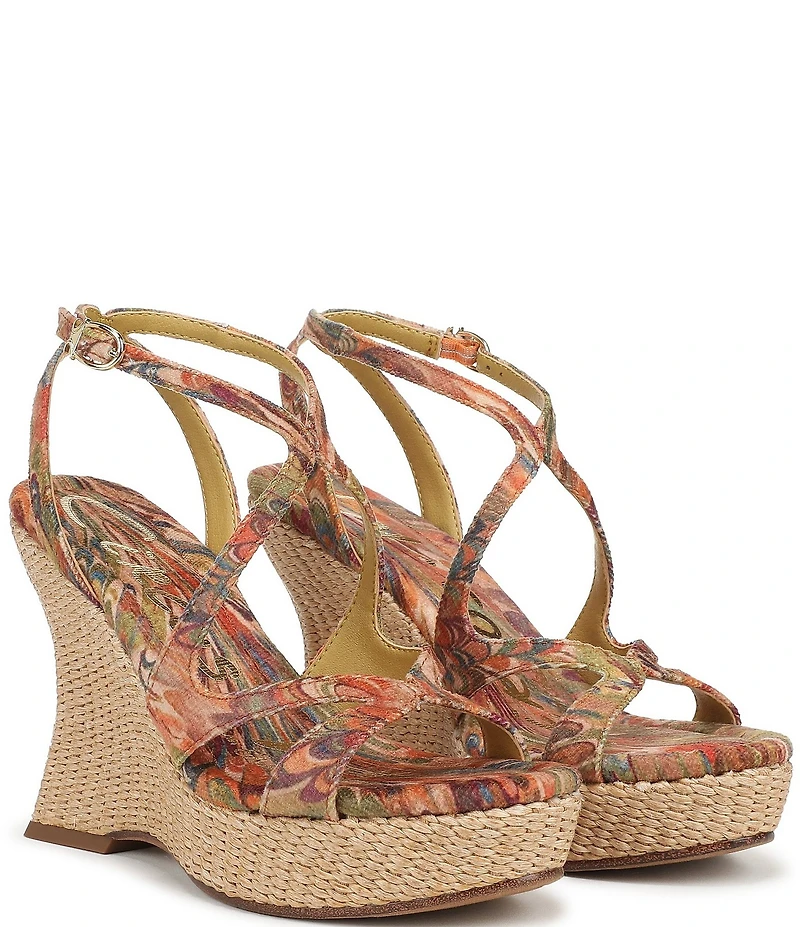 Circus NY by Sam Edelman Trina Peacock Print Tapestry Fabric Ankle Strap Platform Wedge Sandals