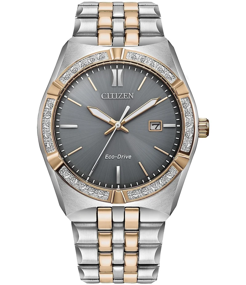 Citizen Men's Eco Drive Three Hand Two Tone Crystal Stainless Steel Bracelet Watch