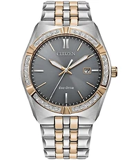 Citizen Men's Eco Drive Three Hand Two Tone Crystal Stainless Steel Bracelet Watch