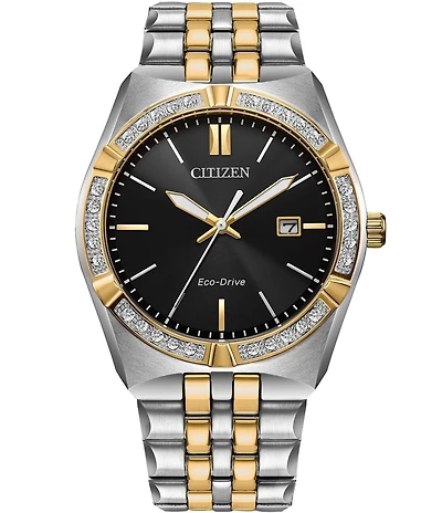 Citizen Men's Eco Drive Three Hand Two Tone Crystal Stainless Steel Bracelet Watch