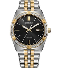 Citizen Men's Eco Drive Three Hand Two Tone Crystal Stainless Steel Bracelet Watch