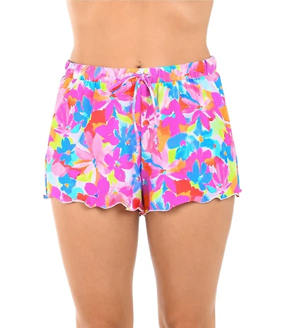 Citrus Color Me Floral Elastic Waist Merrow Edge Pull-On Swim Cover-Up Shorts