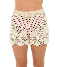 Citrus Crochet Elastic Waist Scalloped Hem Pull-On Swim Cover-Up Shorts