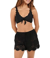 Citrus Crochet Elastic Waist Scalloped Hem Pull-On Swim Cover-Up Shorts