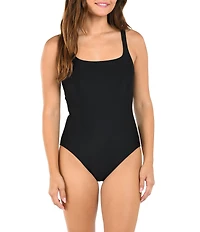 Citrus Solid Square Neck Open Back Tank One Piece Swimsuit