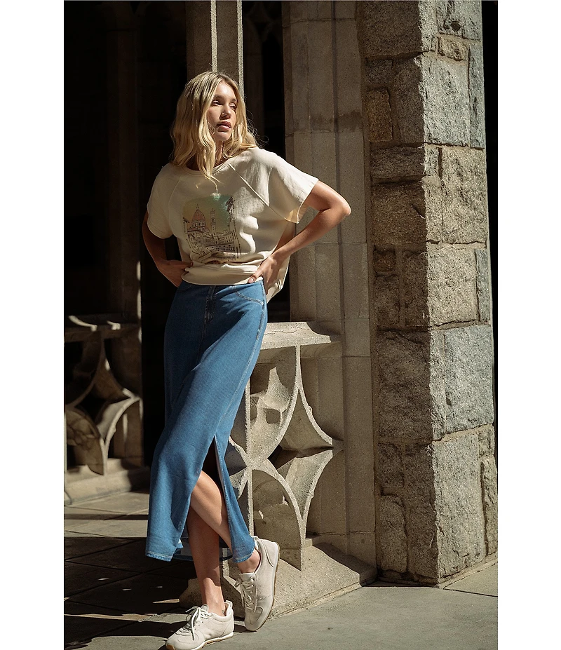 City Blues Pull-On Denim Mesh Maxi Skirt