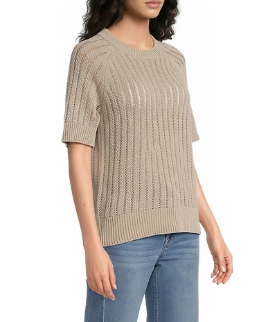 City Blues Acid Wash Crochet Knit Ribbed Crew Neck Short Sleeve Sweater