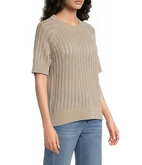 City Blues Acid Wash Crochet Knit Ribbed Crew Neck Short Sleeve Sweater