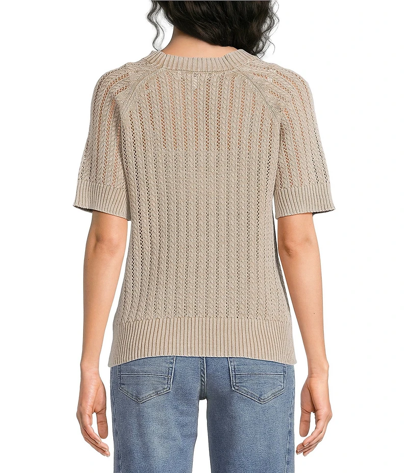 City Blues Acid Wash Crochet Knit Ribbed Crew Neck Short Sleeve Sweater