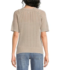 City Blues Acid Wash Crochet Knit Ribbed Crew Neck Short Sleeve Sweater