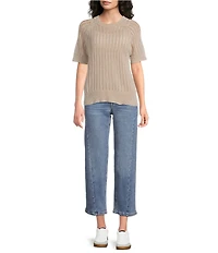 City Blues Acid Wash Crochet Knit Ribbed Crew Neck Short Sleeve Sweater