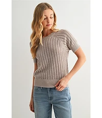 City Blues Acid Wash Crochet Knit Ribbed Crew Neck Short Sleeve Sweater