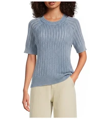City Blues Acid Wash Crochet Knit Ribbed Crew Neck Short Sleeve Sweater