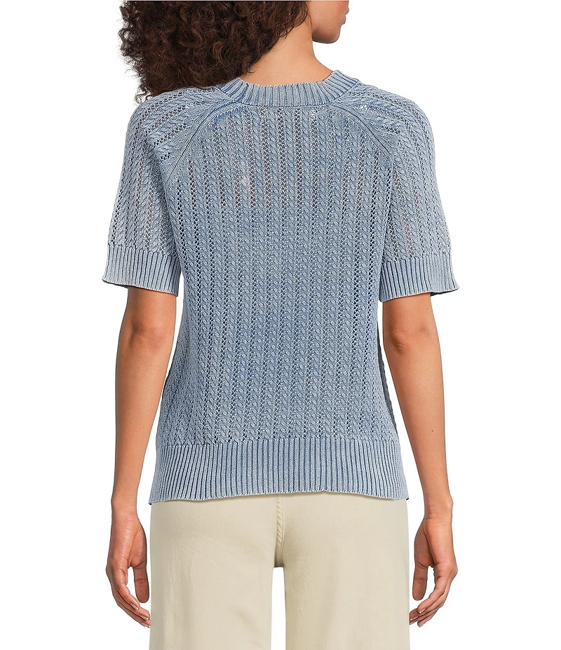 City Blues Acid Wash Crochet Knit Ribbed Crew Neck Short Sleeve Sweater
