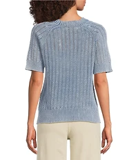 City Blues Acid Wash Crochet Knit Ribbed Crew Neck Short Sleeve Sweater