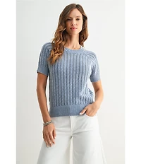 City Blues Acid Wash Crochet Knit Ribbed Crew Neck Short Sleeve Sweater