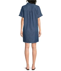 City Blues Collared V-Neck Short Sleeve Frayed Hem Shift Denim Dress