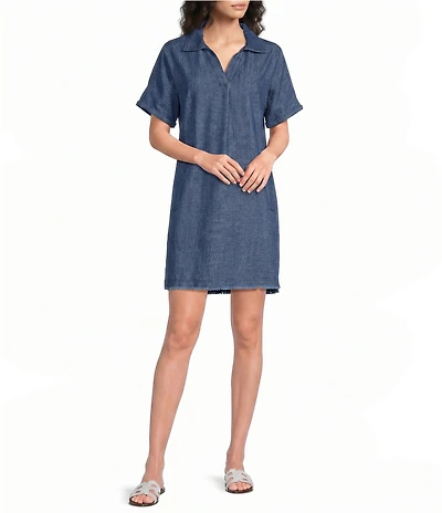 City Blues Collared V-Neck Short Sleeve Frayed Hem Shift Denim Dress