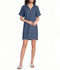 City Blues Collared V-Neck Short Sleeve Frayed Hem Shift Denim Dress