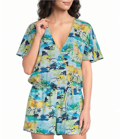 City Blues Coordinating Faux Surplice V-Neck Short Sleeve Scalloped Trim Top
