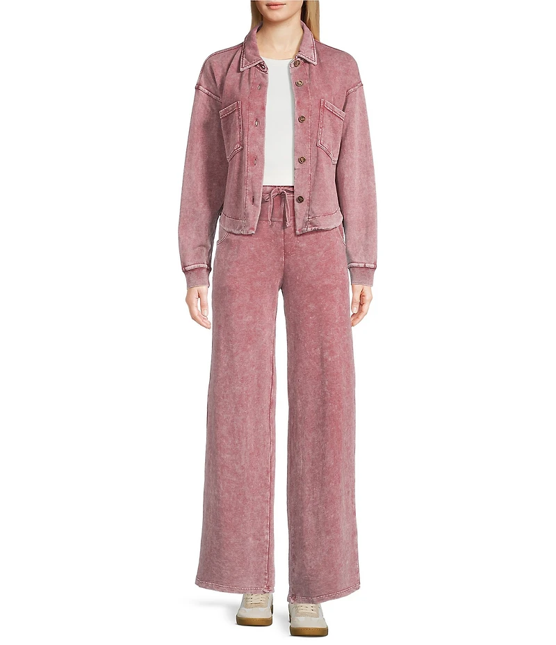 City Blues Coordinating Point Collar Long Sleeve Button-Front Cropped Knit Shacket