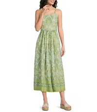 City Blues Cotton Blend Floral Print Square Neck Sleeveless Midi Dress