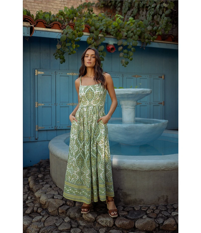 City Blues Cotton Blend Floral Print Square Neck Sleeveless Midi Dress