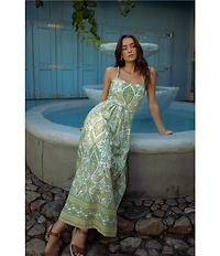 City Blues Cotton Blend Floral Print Square Neck Sleeveless Midi Dress