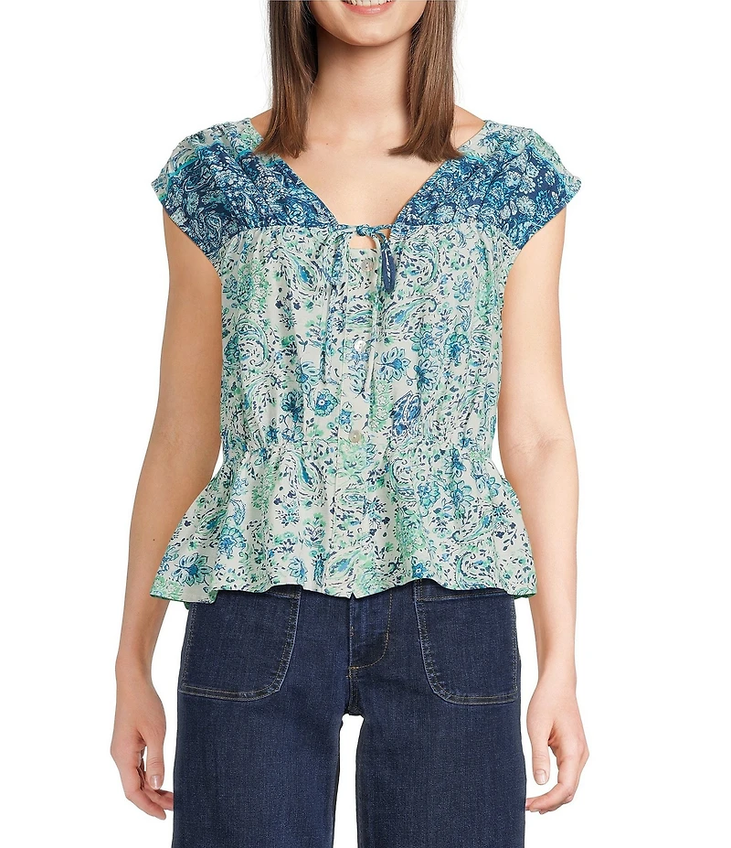 City Blues Cotton Blend Floral V-Neck Cap Sleeve Peplum Top