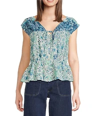 City Blues Cotton Blend Floral V-Neck Cap Sleeve Peplum Top