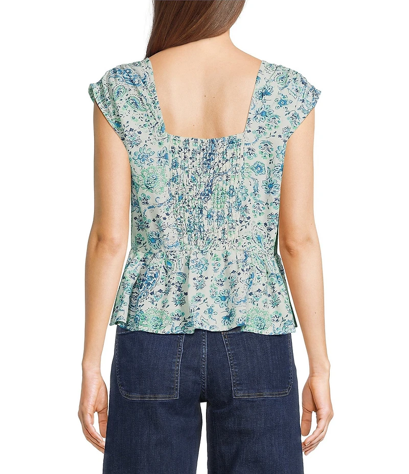 City Blues Cotton Blend Floral V-Neck Cap Sleeve Peplum Top