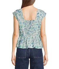 City Blues Cotton Blend Floral V-Neck Cap Sleeve Peplum Top