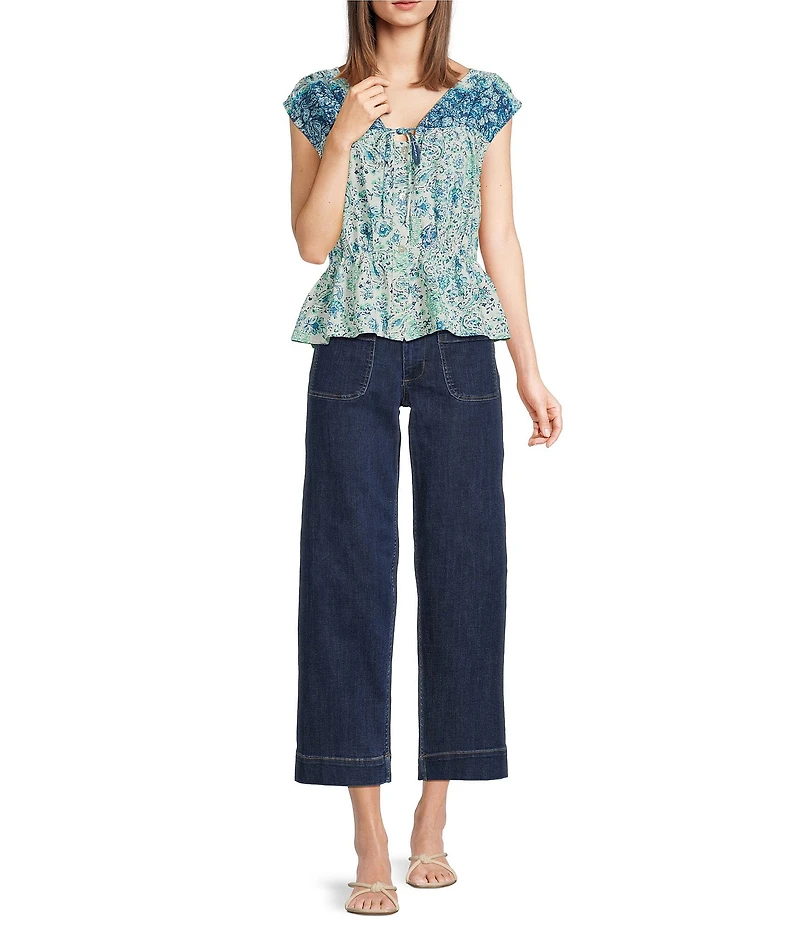 City Blues Cotton Blend Floral V-Neck Cap Sleeve Peplum Top