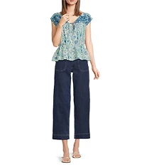 City Blues Cotton Blend Floral V-Neck Cap Sleeve Peplum Top