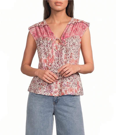 City Blues Cotton Blend Floral V-Neck Cap Sleeve Peplum Top