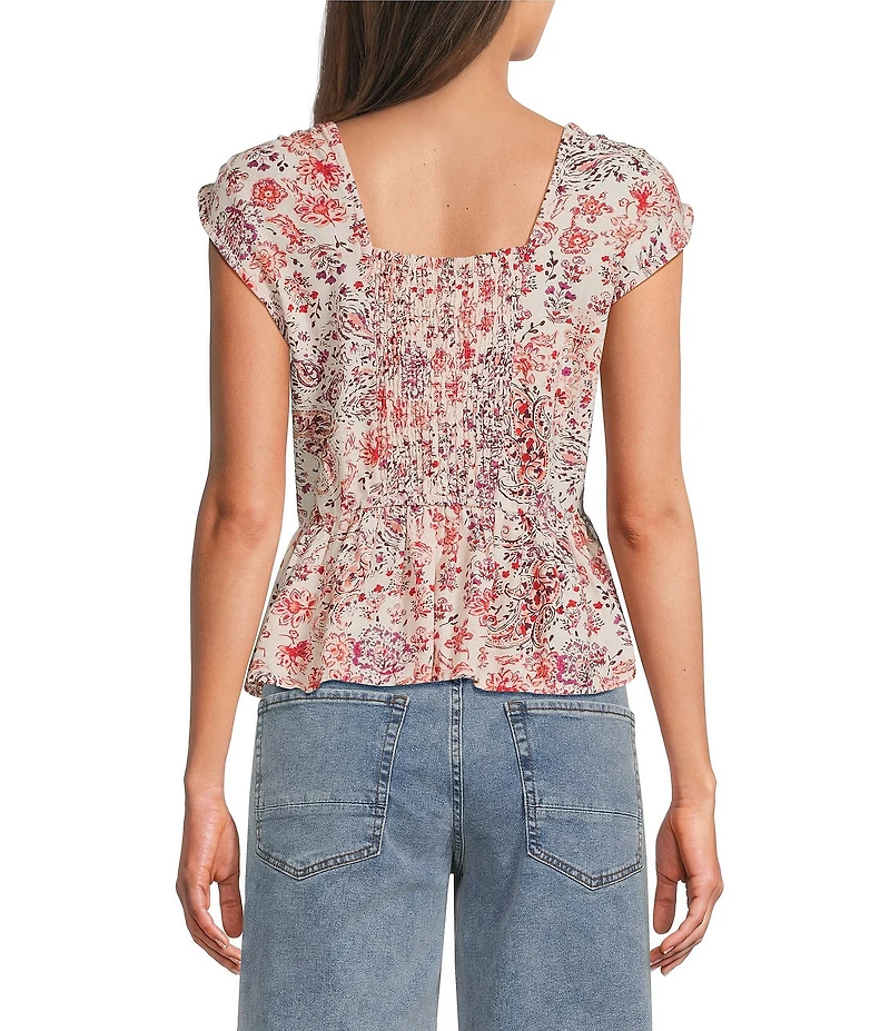City Blues Cotton Blend Floral V-Neck Cap Sleeve Peplum Top