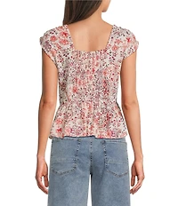 City Blues Cotton Blend Floral V-Neck Cap Sleeve Peplum Top