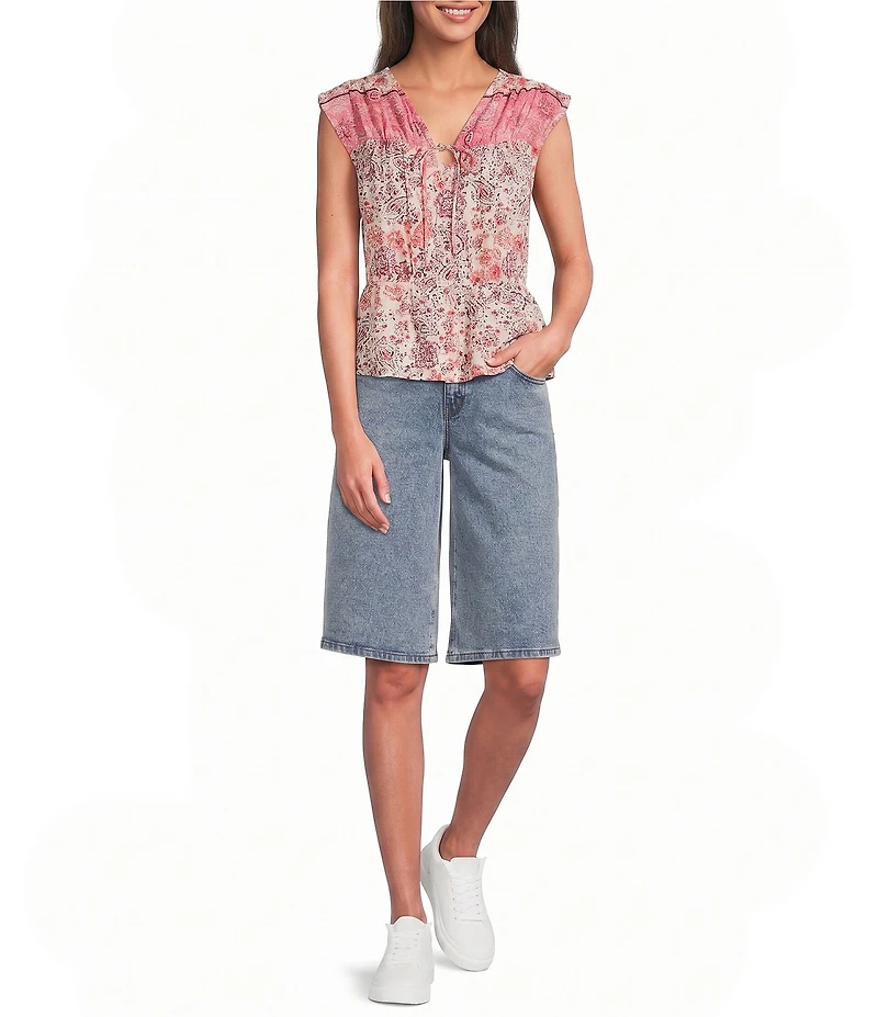 City Blues Cotton Blend Floral V-Neck Cap Sleeve Peplum Top