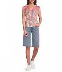 City Blues Cotton Blend Floral V-Neck Cap Sleeve Peplum Top