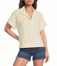 City Blues Cotton-Blend Spliced Stripe Collared Short Dolman Sleeve Top